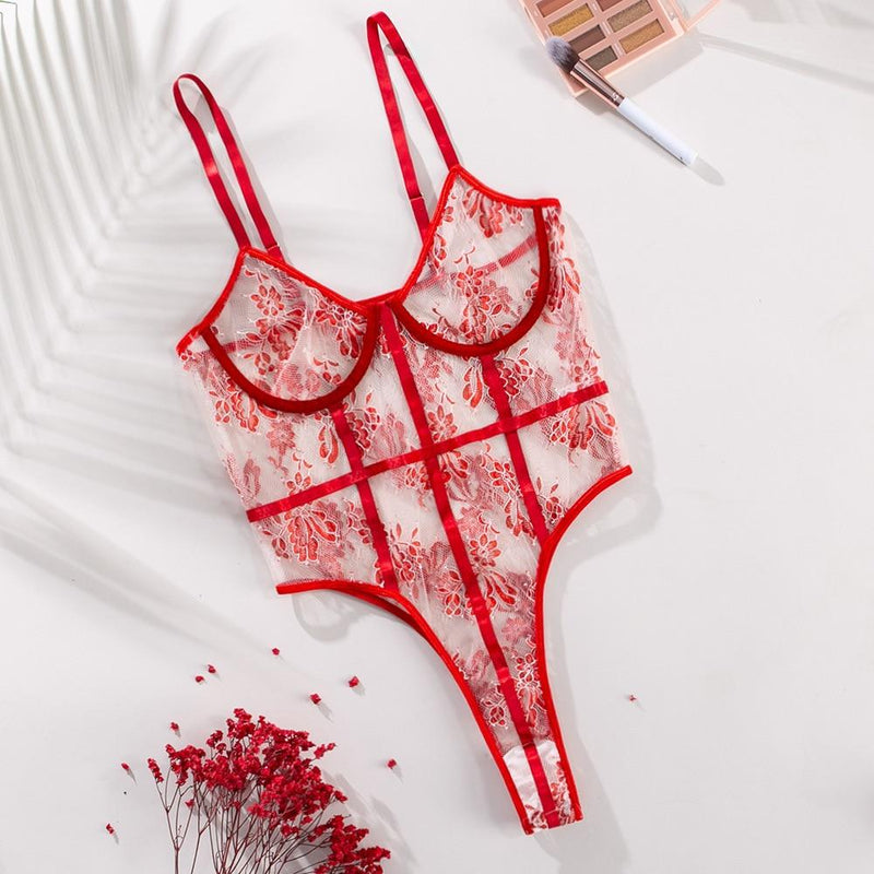 Emerie Red Sheer Floral Bodysuit